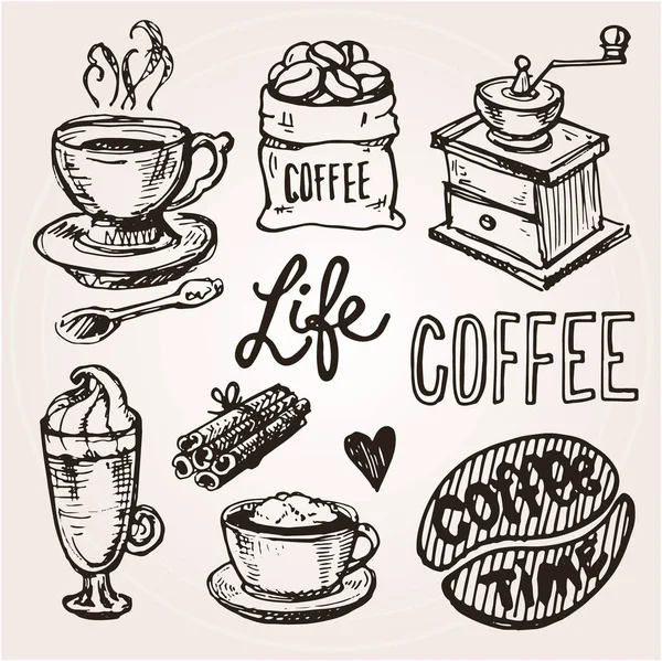 Handgezeichnetes Kaffeeservice vorhanden. Vektorillustration. — Stockvektor
