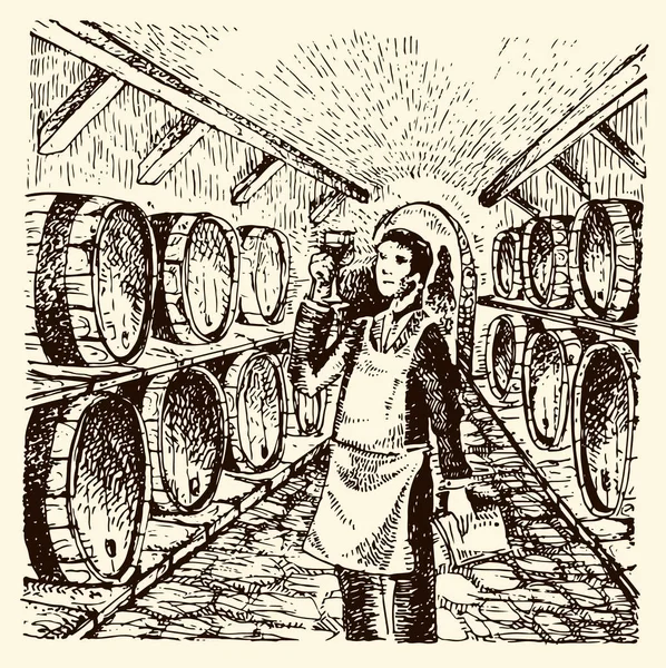 Esto es perfecto. Sommelier masculino confiado que examina el vidrio con el vino mientras que está parado cerca del estante de madera . — Vector de stock