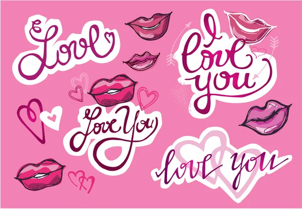 大好きです。バレンタインの日。愛しています。手レタリング書道。'あなたを愛して' 手レタリング - 手作り書道。スケーラブルかつ編集可能なベクトルの図。唇と心のベクトル図. — ストックベクタ