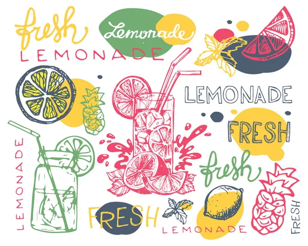 Handritad doodle sommaren illustration med lemonad. Sommardrink — Stock vektor
