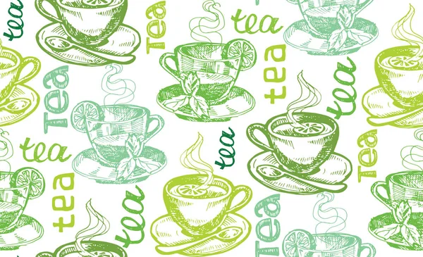 Modèle de doodle dessiné à la main avec une tasse de thé — Image vectorielle