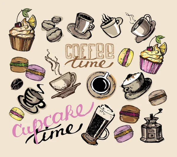 Raccolta di caffè - illustrazione disegnata a mano. Set da caffè disegnato a mano. Dolce dessert — Vettoriale Stock