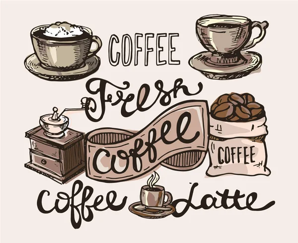 Raccolta di caffè - illustrazione disegnata a mano. Set da caffè disegnato a mano. Dolce dessert — Vettoriale Stock