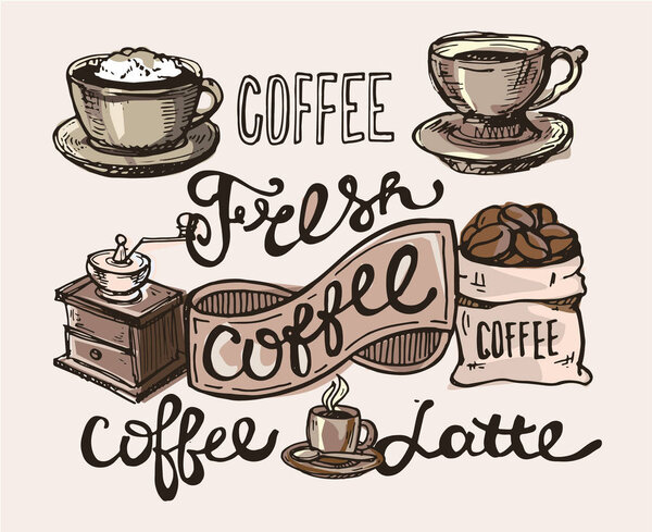 coffee collection - hand drawn illustration. Hand drawn coffee set. Sweet dessert 
