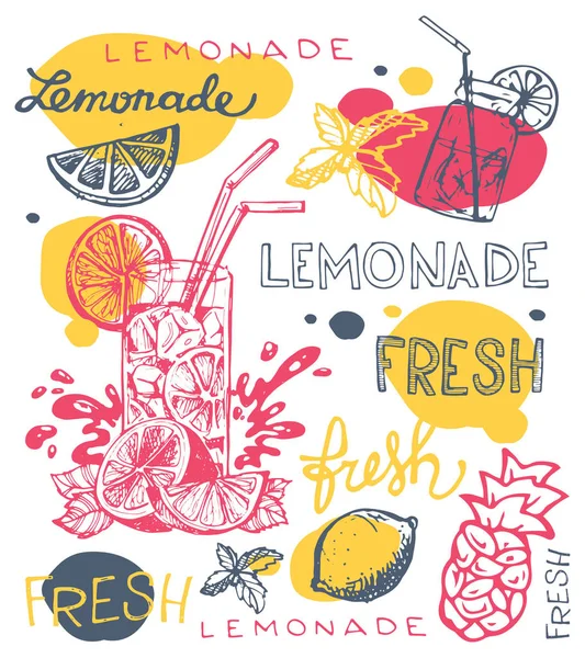 Handritad doodle sommaren illustration med lemonad. Sommardrink — Stock vektor