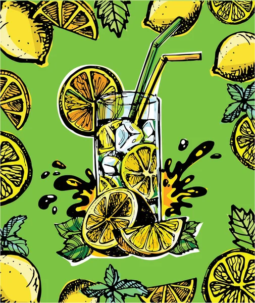 Elle çizilmiş doodle yaz illüstrasyon limonata ile. Yaz içeceği — Stok Vektör