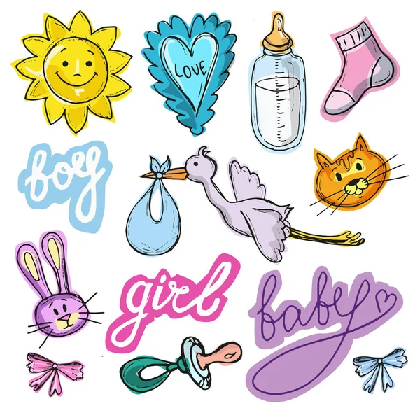 Set de ilustración vectorial de diseño de ducha de bebé, conjunto de bebé dibujado a mano. Tarjeta de nacimiento. ¡Es un niño! Es una niña. — Vector de stock