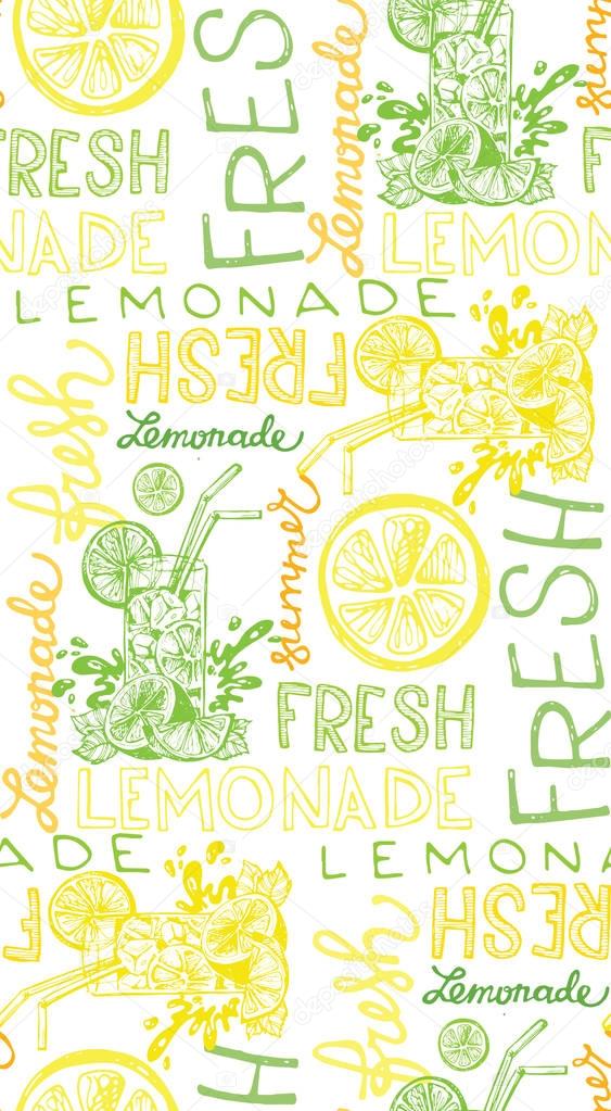 Hand drawn doodle summer illustration with lemonade. Summer drink