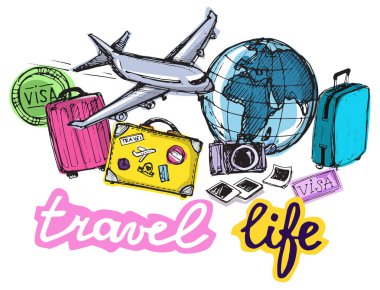 Elle çizilmiş vektör seyahat set. Vektör çizim. Seyahat gidelim