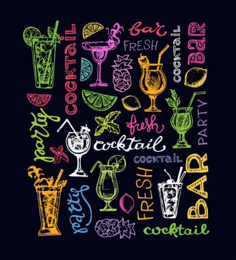 Kokteyl küme. Menü çubukları, restoranlar, Davetiyeler, duyurular grafik tasarım öğeleri. Elle çizilmiş kroki alkollü kokteyller kümesi. Vintage vektör çizim