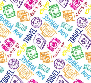 Elle çizilmiş vektör seyahat set. Vektör çizim. Seyahat gidelim