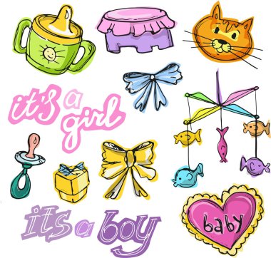 Bebek duş tasarım vektör çizim, elle çizilmiş bebek kümesi kümesi. Bebek d. kartı. Bu ' bir çocuk! Bir kız