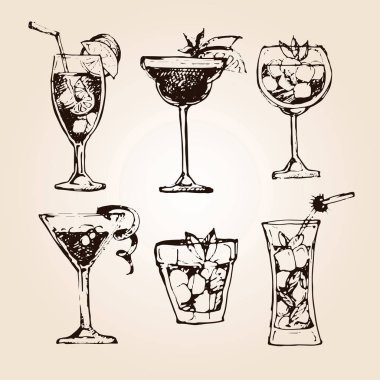 Kokteyl küme. Menü çubukları, restoranlar, Davetiyeler, duyurular grafik tasarım öğeleri. Elle çizilmiş kroki alkollü kokteyller kümesi. Vintage vektör çizim 