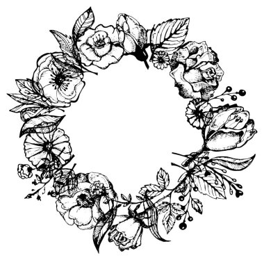 Çiçek kümesi: son derece detaylı elle çizilmiş çiçek ve yaprakları. Yaz çiçek. Bahar çiçek.