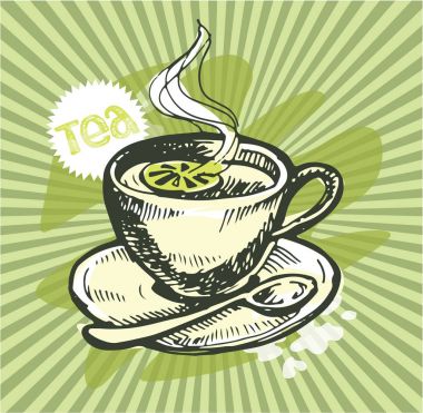 Elle çizilmiş doodle çay illüstrasyon. Limon ve nane