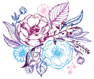 Çiçek kümesi: son derece detaylı elle çizilmiş çiçek ve yaprakları. Yaz çiçek. Bahar çiçek.