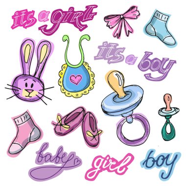 Bebek duş tasarım vektör çizim, elle çizilmiş bebek kümesi kümesi. Bebek d. kartı. Bu ' bir çocuk! Bir kız