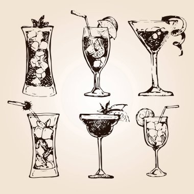 Kokteyl küme. Menü çubukları, restoranlar, Davetiyeler, duyurular grafik tasarım öğeleri. Elle çizilmiş kroki alkollü kokteyller kümesi. Vintage vektör çizim 