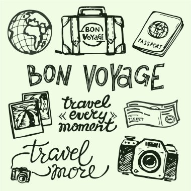 Elle çizilmiş vektör seyahat set. Vektör çizim. Seyahat gidelim