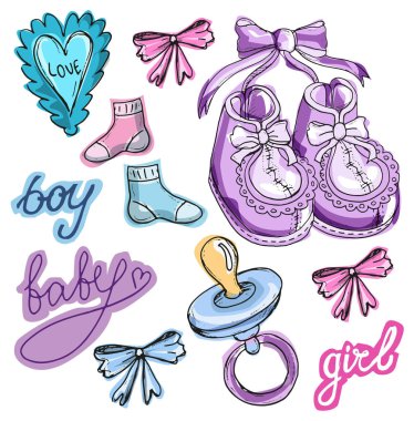 Bebek duş tasarım vektör çizim, elle çizilmiş bebek kümesi kümesi. Bebek d. kartı. Bu ' bir çocuk! Bir kız