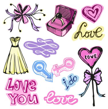 Elle çizilmiş düğün illüstrasyon. Vektör çizim. Yarım yamalak evlilik romantik afiş. 