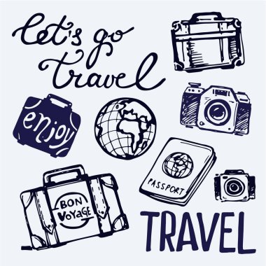 Elle çizilmiş vektör seyahat set. Vektör çizim. Seyahat gidelim