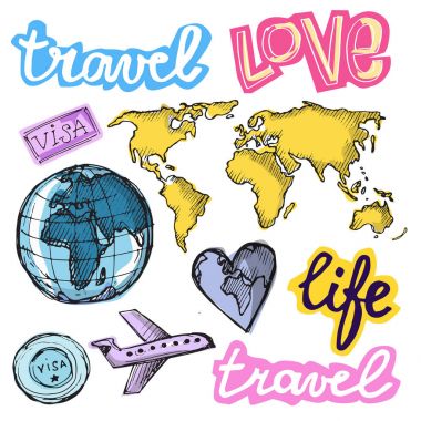 Elle çizilmiş vektör seyahat set. Vektör çizim. Seyahat gidelim