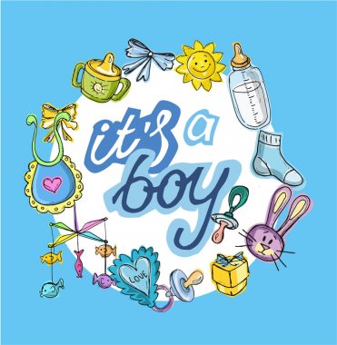 Bebek duş tasarım vektör çizim, elle çizilmiş bebek kümesi kümesi. Bebek d. kartı. Bu ' bir çocuk! Bir kız