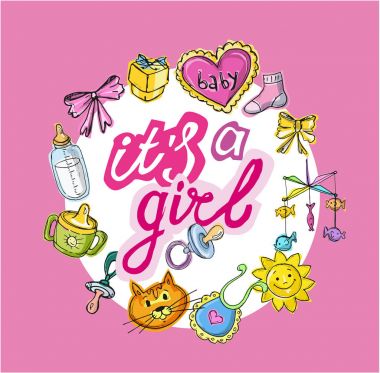 Bebek duş tasarım vektör çizim, elle çizilmiş bebek kümesi kümesi. Bebek d. kartı. Bu ' bir çocuk! Bir kız