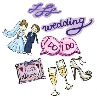 Elle çizilmiş düğün illüstrasyon. Vektör çizim. Yarım yamalak evlilik romantik afiş. 