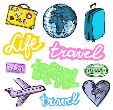 Elle çizilmiş vektör seyahat set. Vektör çizim. Seyahat gidelim