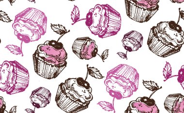 Elle çizilmiş doodle tatlı illüstrasyon. Cupcake