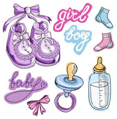 Bebek duş tasarım vektör çizim, elle çizilmiş bebek kümesi kümesi. Bebek d. kartı. Bu ' bir çocuk! Bir kız