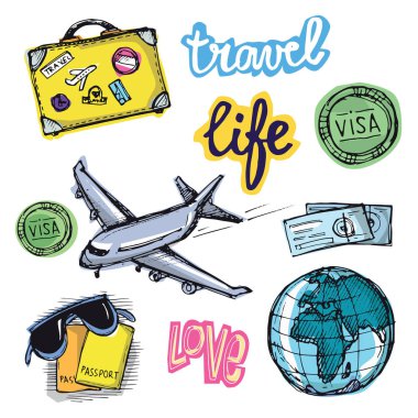Elle çizilmiş vektör seyahat set. Vektör çizim. Seyahat gidelim