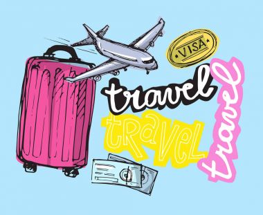 Elle çizilmiş vektör seyahat set. Vektör çizim. Seyahat gidelim