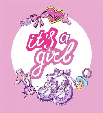 Bebek duş tasarım vektör çizim, elle çizilmiş bebek kümesi kümesi. Bebek d. kartı. Bu ' bir çocuk! Bir kız