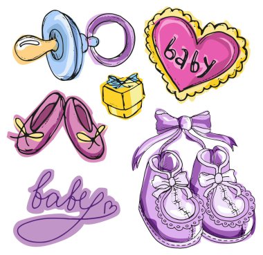 Bebek duş tasarım vektör çizim, elle çizilmiş bebek kümesi kümesi. Bebek d. kartı. Bu ' bir çocuk! Bir kız