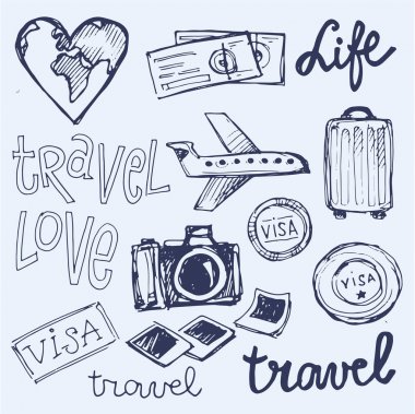 Elle çizilmiş vektör seyahat set. Vektör çizim. Seyahat gidelim