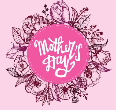 El ile çerçeve anneler günü çizilmiş banner. Vintage grunge tebrik kartı çiçek ve yaprakları ile. Vektör çizim. Mutlu anneler günü hat arka plan.