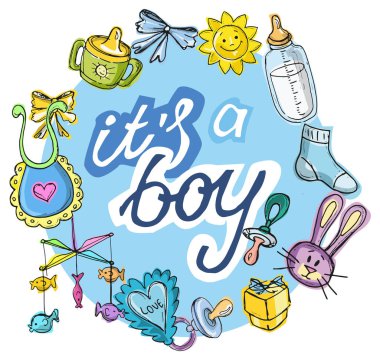 Bebek duş tasarım vektör çizim, elle çizilmiş bebek kümesi kümesi. Bebek d. kartı. Bu ' bir çocuk! Bir kız