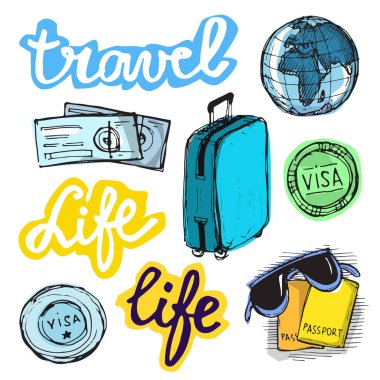 Elle çizilmiş vektör seyahat set. Vektör çizim. Seyahat gidelim