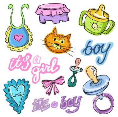 Bebek duş tasarım vektör çizim, elle çizilmiş bebek kümesi kümesi. Bebek d. kartı. Bu ' bir çocuk! Bir kız