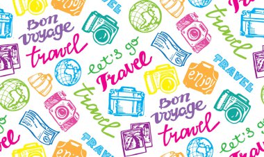 Elle çizilmiş vektör seyahat set. Vektör çizim. Seyahat gidelim