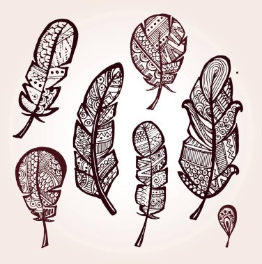 Rustik dekoratif tüyler. Elle çizilmiş vintage vektör tasarım kümesi. Vektör çizim