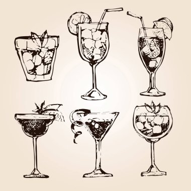 Kokteyl küme. Menü çubukları, restoranlar, Davetiyeler, duyurular grafik tasarım öğeleri. Elle çizilmiş kroki alkollü kokteyller kümesi. Vintage vektör çizim 