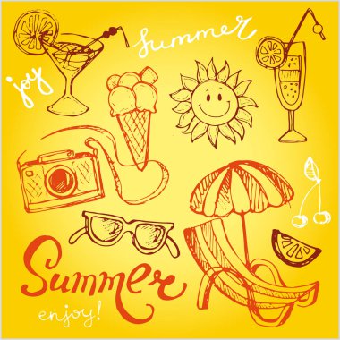 Elle çizilmiş doodle vektör yaz afiş. Yaz şablon afiş. Merhaba, yaz! Vektör çizim.