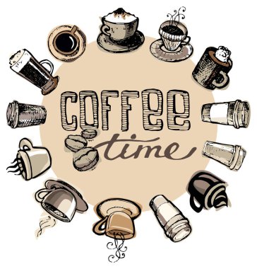 El çekilmiş kahve seti. Sütlü kabak vektör çizim.