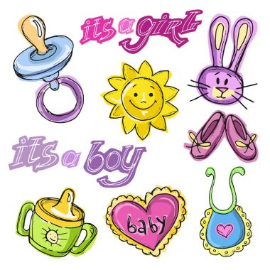 Bebek duş tasarım vektör çizim, elle çizilmiş bebek kümesi kümesi. Bebek d. kartı. Bu ' bir çocuk! Bir kız