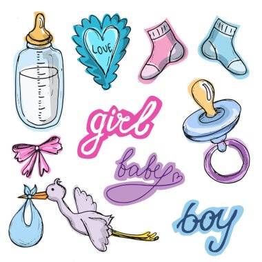 Bebek duş tasarım vektör çizim, elle çizilmiş bebek kümesi kümesi. Bebek d. kartı. Bu ' bir çocuk! Bir kız