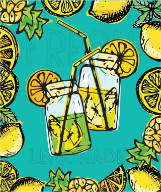 Elle çizilmiş doodle yaz illüstrasyon limonata ile. Yaz içeceği